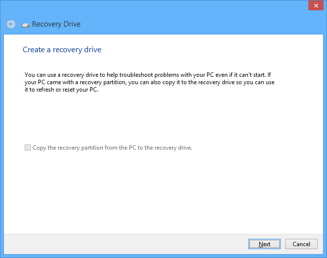 Windows 10 recovery drive - click next