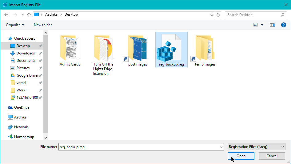 backup windows registry select backed up reg file