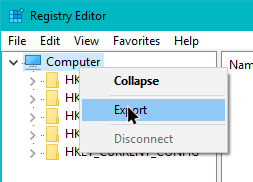 backup windows registry select export from context menu