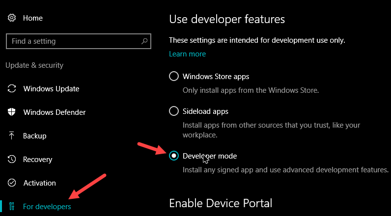 bash on Windows 10 enable developer mode