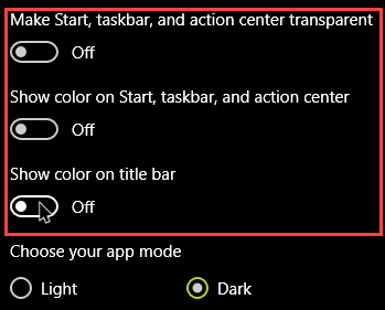 enable dark mode in windows 10 turn off all settings