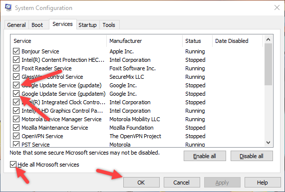 fix SYSTEM_SERVICE_EXCEPTION error Windows 10 disable update services
