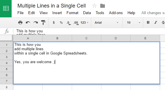 Add Multiple Lines in a Single Cell - Google Spreadsheets
