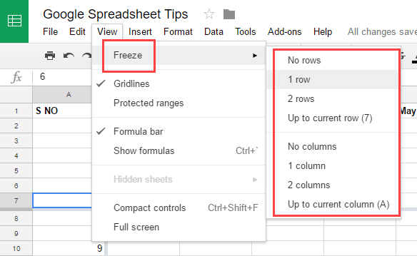 Google Spreadsheets Tips - Freeze Rows