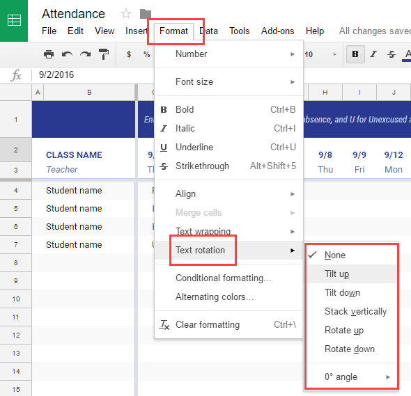 Rotate Text in Google Sheets - Options in Navigation Bar