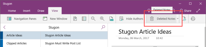 OneNote Recycle Bin - Select Deleted Notes