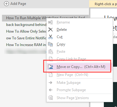 OneNote Recycle Bin - Select Move or Copy