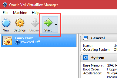 Install Linux Mint in VirtualBox - Click Start Button