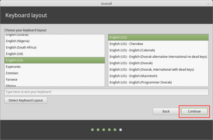 Install Linux Mint in VirtualBox - Select Keyboard Layout