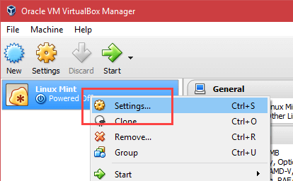 Install Linux Mint in VirtualBox - Select Settings