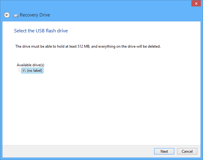Windows 10 recovery drive - select USB drive