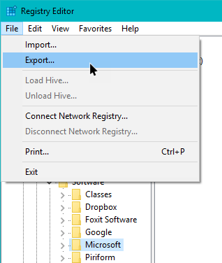 backup windows registry select export option