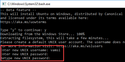 bash on Windows 10 enter username and password