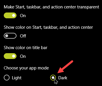 enable dark mode in windows 10 select radio button