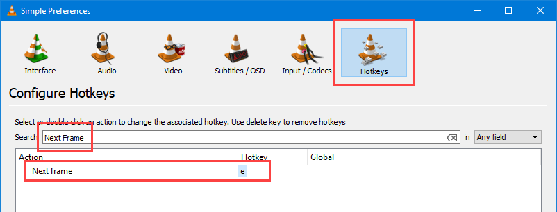 VLC frame by frame - Your current hotkey for Next Frame