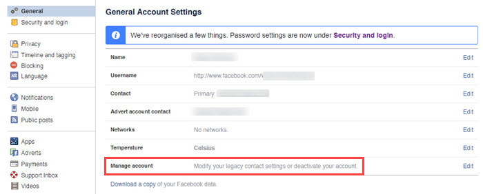 Hide Facebook profile - Click on manage accounts