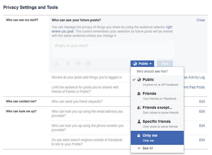 Hide Facebook profile - Select only me