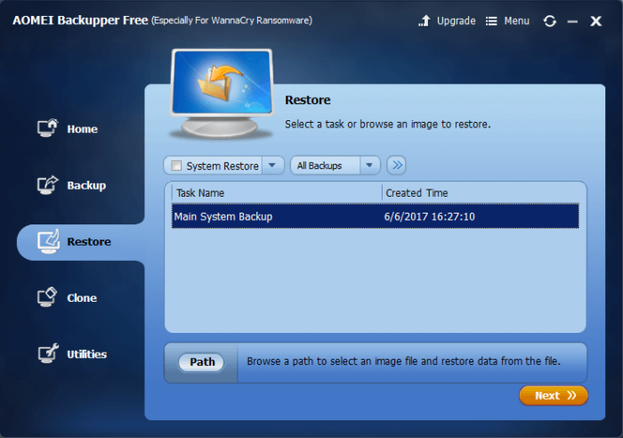 AOMEI Backupper Review - Restore Backup