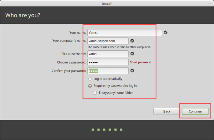 Install Linux Mint in VirtualBox - Set Username and Password