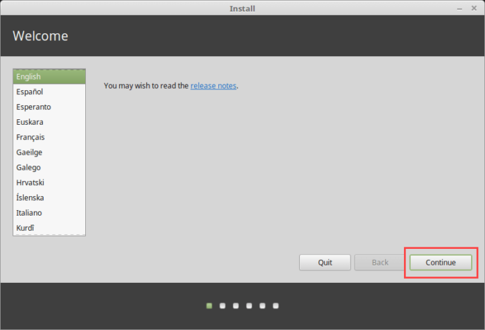 Install Linux Mint in VirtualBox - Select Language
